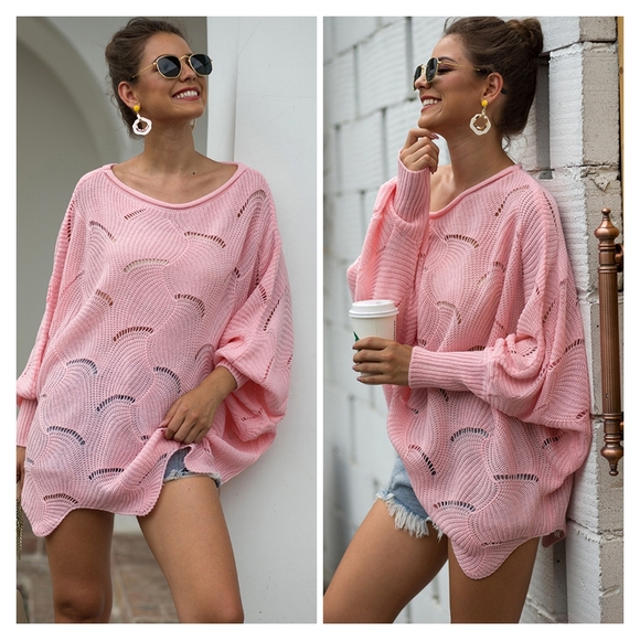 Lovely Rosetta Tops - Pink Openwork Knit Top